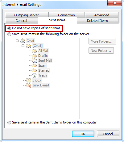 Prevent duplicate Sent Items for Gmail by disabling the default save option