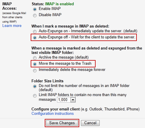 Setting Gmail's deleting behavior for IMAP accounts.