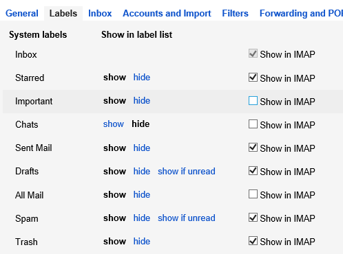 Gmail Settings - Labels - Do not show the Important folders in IMAP