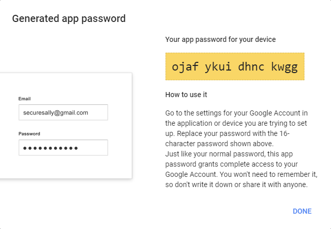 Generated app password for Google 2-Step Verification.