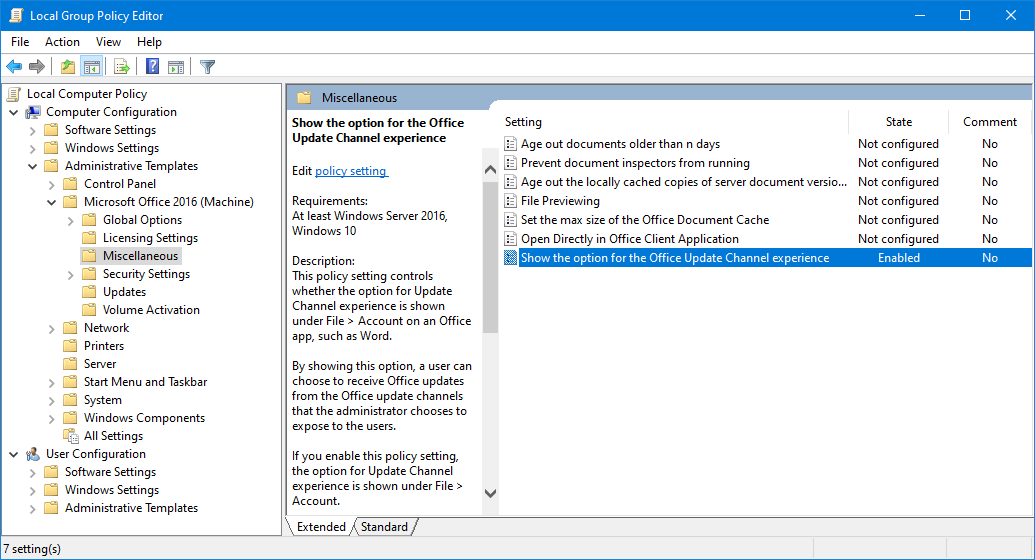 Enabling the Office Update Channel experience option via Group Policy.