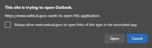 This site is trying to open Outlook. Webcal - Outlook