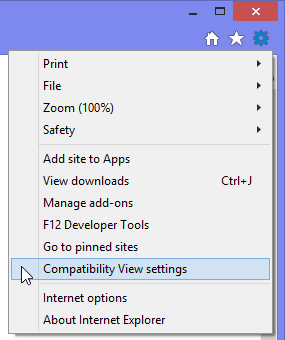 Internet Explorer 11 - Tools (gear icon) - Compatibility View Settings