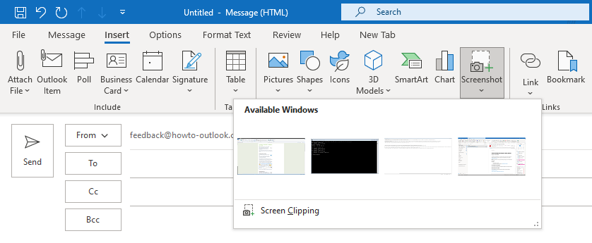 Inserting a screenshot or clipping has been made real easy in Outlook.