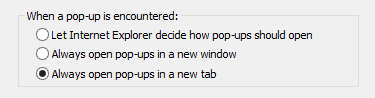 Change your tab settings in Internet Options to have IE open all pop-ups in a new tab. (click on image for full dialog)