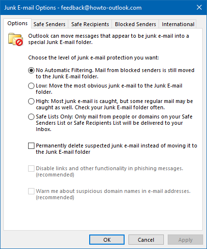 Disable the Junk E-mail Filter in Outlook and rely on server-based filtering instead.