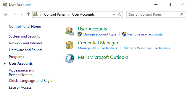 Mail applet in Control Panel