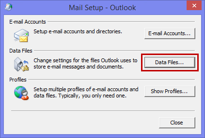 Accessing the list of data files without opening Outlook via the Mail applet.