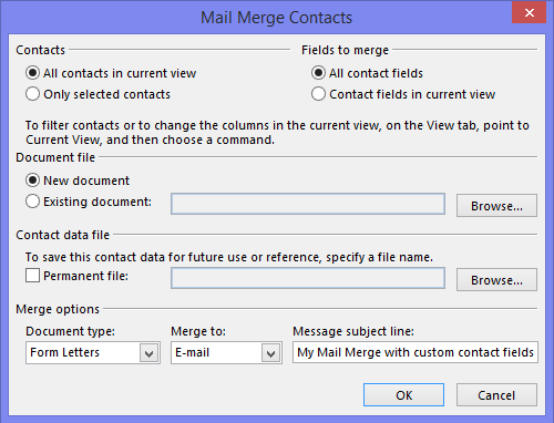 Starting a Mail Merge from Outlook allows you to use Custom Contact Fields in Word.