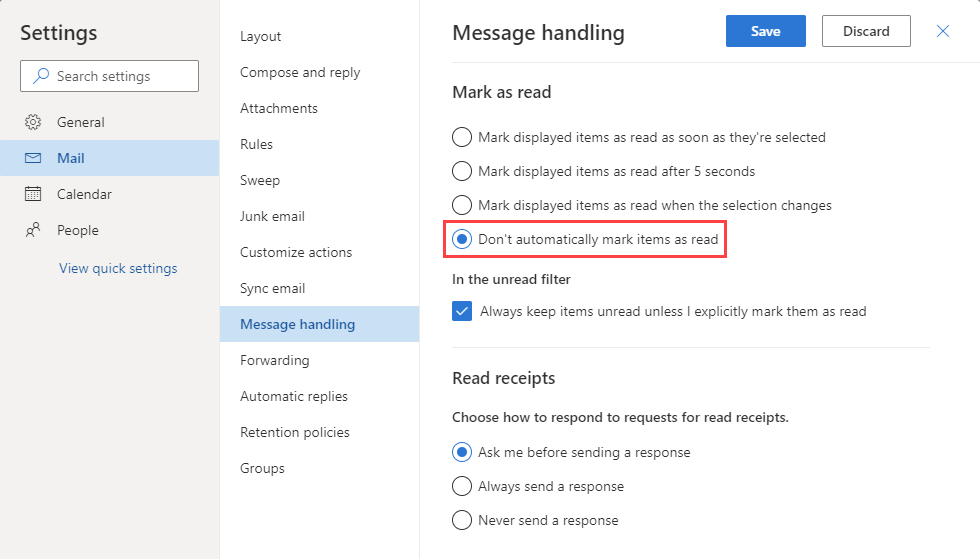 Mark as read settings in Outlook on the Web