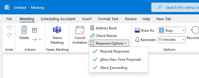 Disable “Request Responses” when composing a meeting request with the Classic Ribbon.