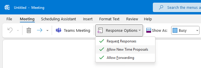 Disable “Request Responses” when composing a meeting request with the Simplified Ribbon enabled (Microsoft 365).