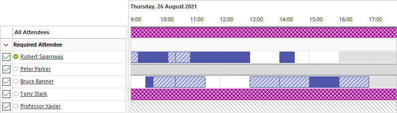 Free/busy information in the Scheduling Assistant of a meeting.