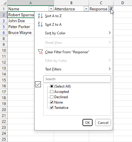 Filtering Meeting Tracking responses in Excel.