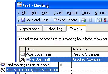 Outlook 2003 - Send or don't send meeting request to this attendeed.