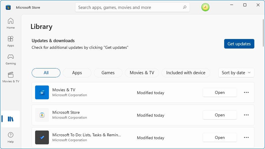 Checking manually for new updates in the Microsoft Store.