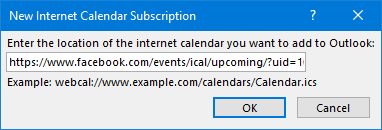 New Internet Calendar Subscription - Facebook