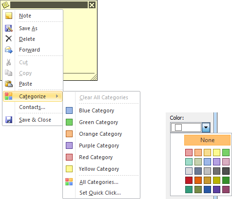Changing the color of an existing Note while it is open. By choosing All Categories…you can change the name of the category and assign up 26 different colors.