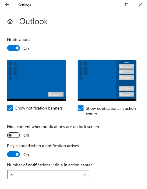 Outlook’s Notifications can also be shown in Windows 10’s Actions Center.