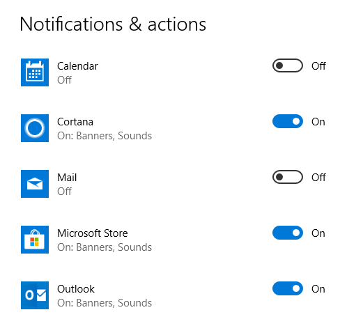 Notifications & actions - Mail and Calendar turned off