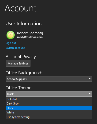 Office Theme selection: Black.