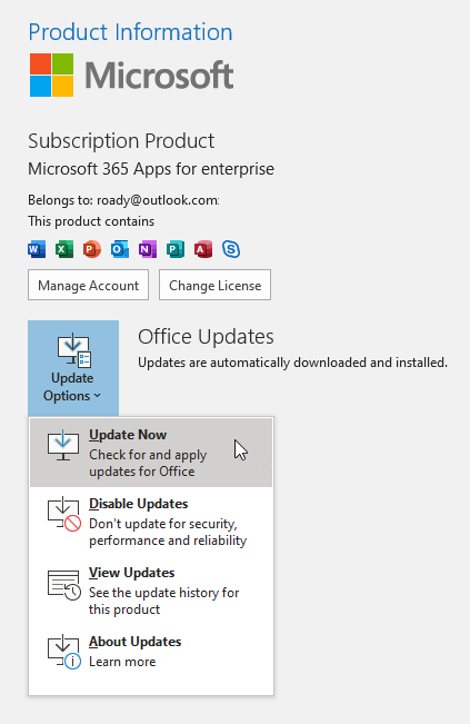 Manually updating a Click-to-Run installation of Microsoft 365.