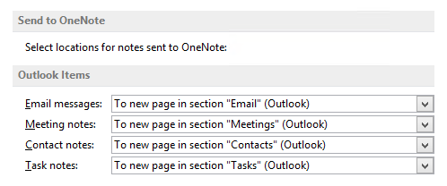 Select locations for notes sent to OneNote (Options dialog of OneNote 2013).