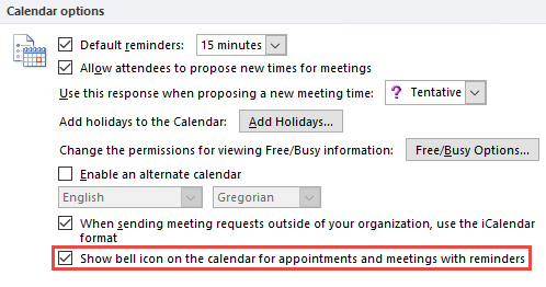 Show bell icon on the calendar for appointments and meetings with reminders (click on the image for full view of the Options dialog)