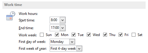 Work time options for the Calendar in Outlook 2013 allow you to define the first day and first week of the year.
