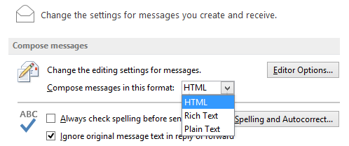 Make sure that your default compose format isn’t set to Rich Text.