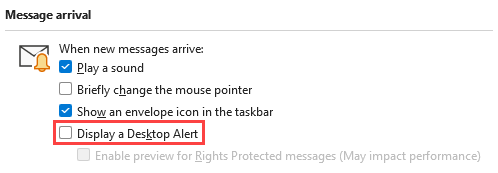 Disabling the Desktop Alert feature in Outlook.