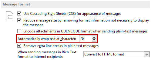 Message format option: Automatically wrap text at character: 76
