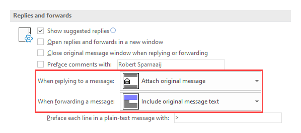 When replying to or forwarding a message: Attach original message.