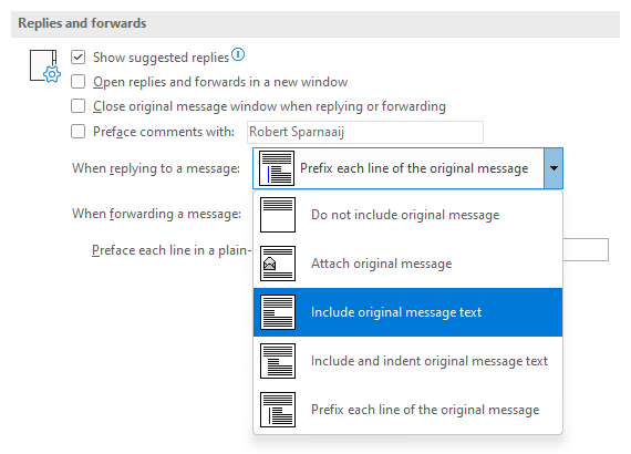 Changing the reply/forward style in Outlook.