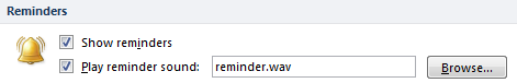 Reminders settings in Outlook Options.
