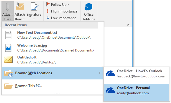 Attach File - Recent Items - Browse Web Location - OneDrive - Browse This PC