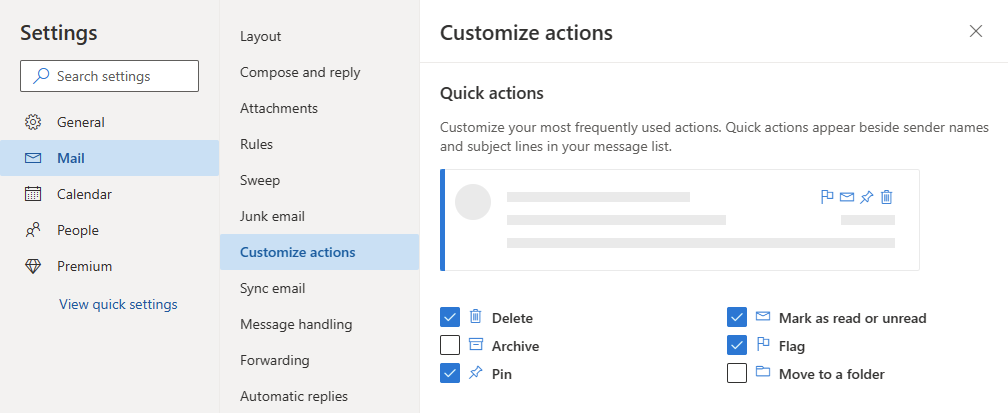 Quick Actions Options dialog in Outlook on the Web.
