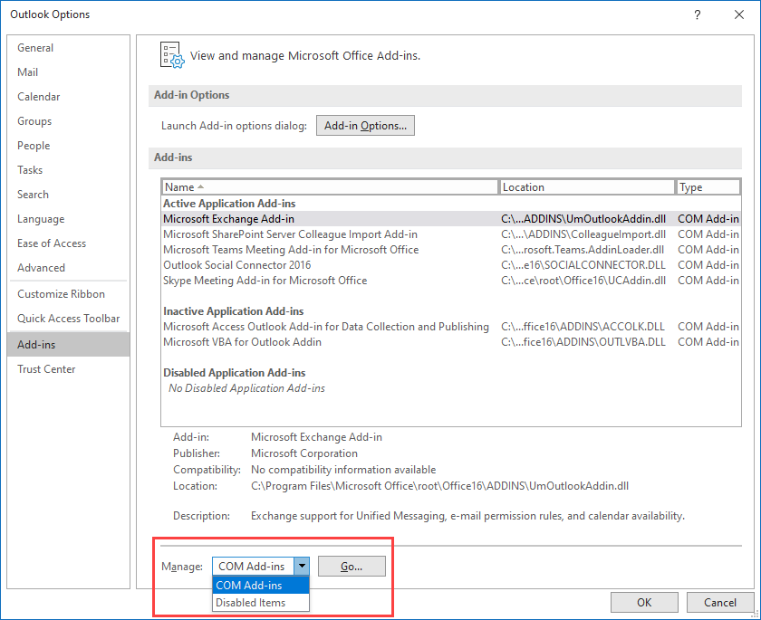 how do you disable add ons in outlook 2010