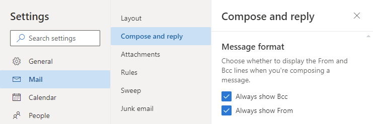 Microsoft 365 Exchange Online and Outlook.com: Configure Outlook on the Web to always show the Bcc and From field when composing a message.