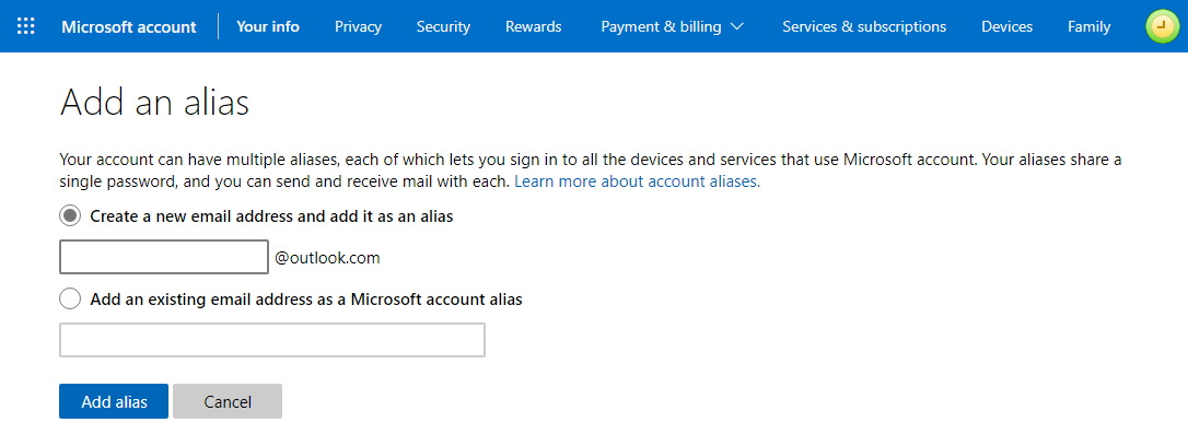 Adding an @outlook.com alias to your Microsoft Account.