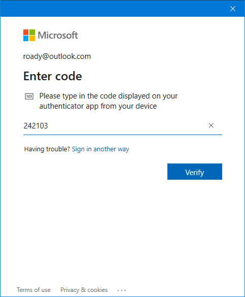 Outlook.com Authentication verification step 2: Enter a code obtained via the Authenticator app.