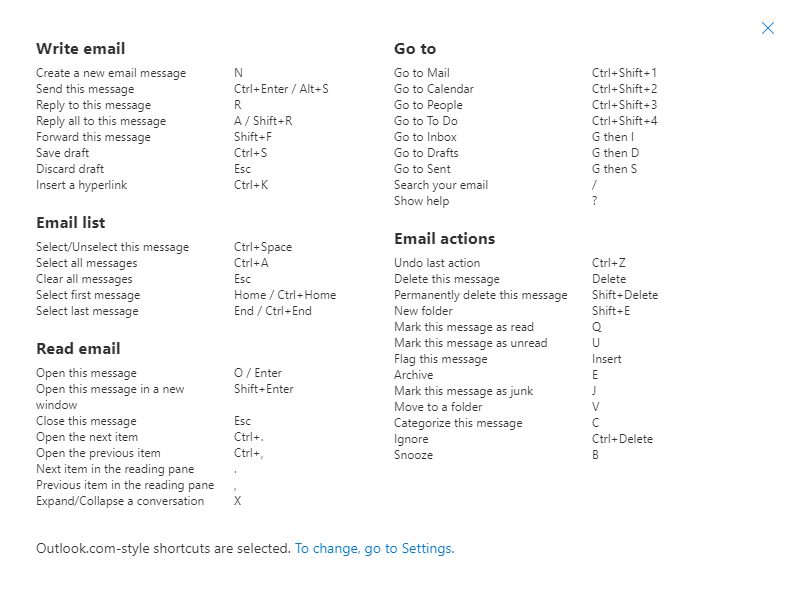 Overview of the Outlook.com keyboard shortcuts.