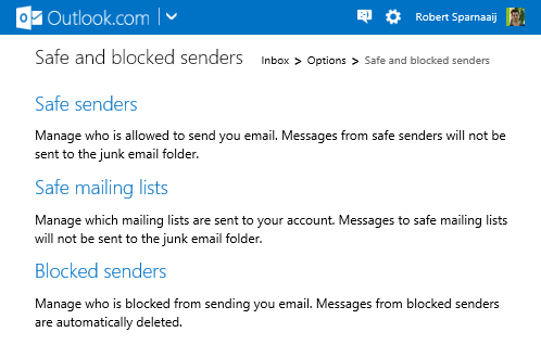 Manage your Safe and Blocked lists on Outlook.com instead of in Outlook itself.