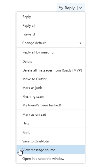 View Message Source command in Outlook on the Web of Outlook Mail.