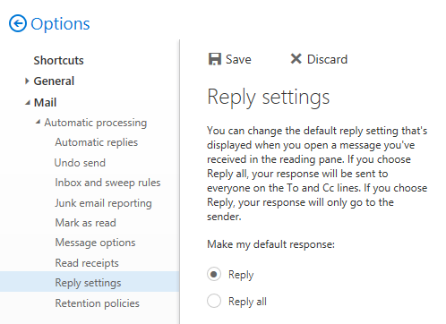 Setting the default Reply action via the Options screen in Exchange 2016/2019.