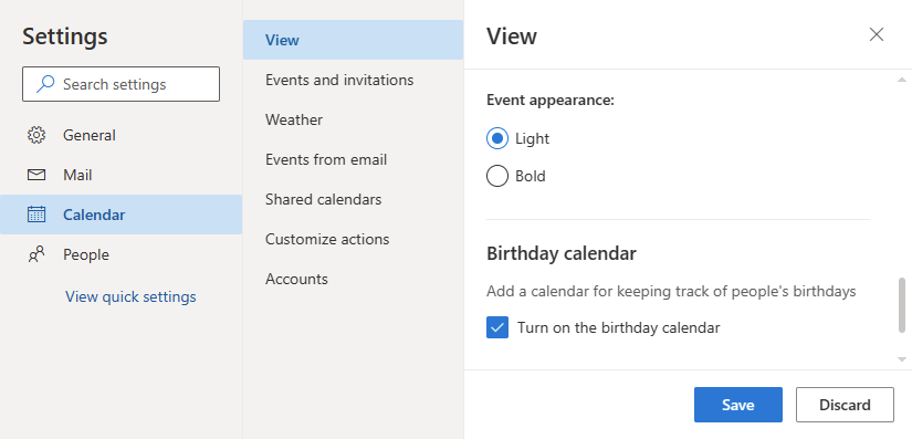 Outlook on the Web (Microsoft 365) - Settings - Turn on the birthday calendar