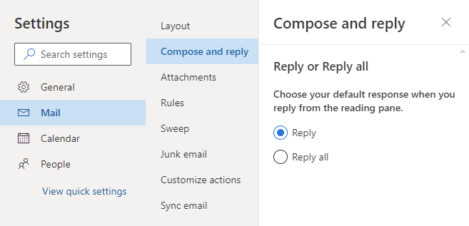 Setting the default Reply action via the Settings screen in Exchange Online (Microsoft 365).