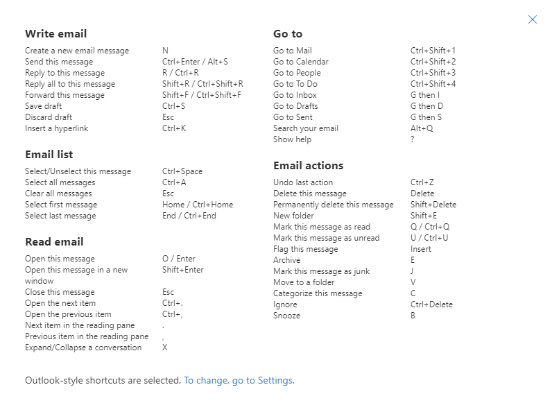 Outlook style keyboard shortcuts in Outlook on the Web.