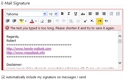 OWA E-Mail Signature - The text you typed it too long. Please shorten it and try to save it again.