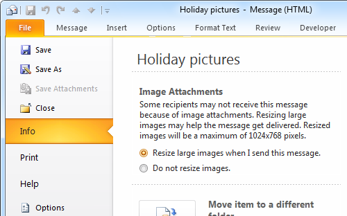 You can resize pictures via Backstage in Outlook 2010